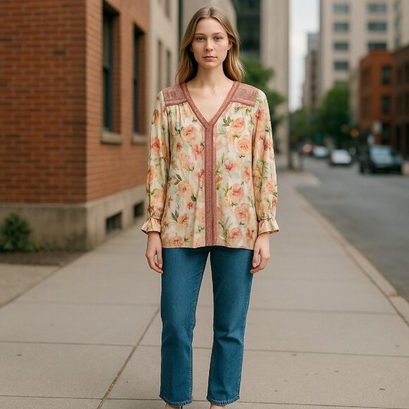 Soft Surroundings Tops - Soft Surroundings Womens V-Neck Long Sleeve Pullover Top Pink Green Floral Sz XS